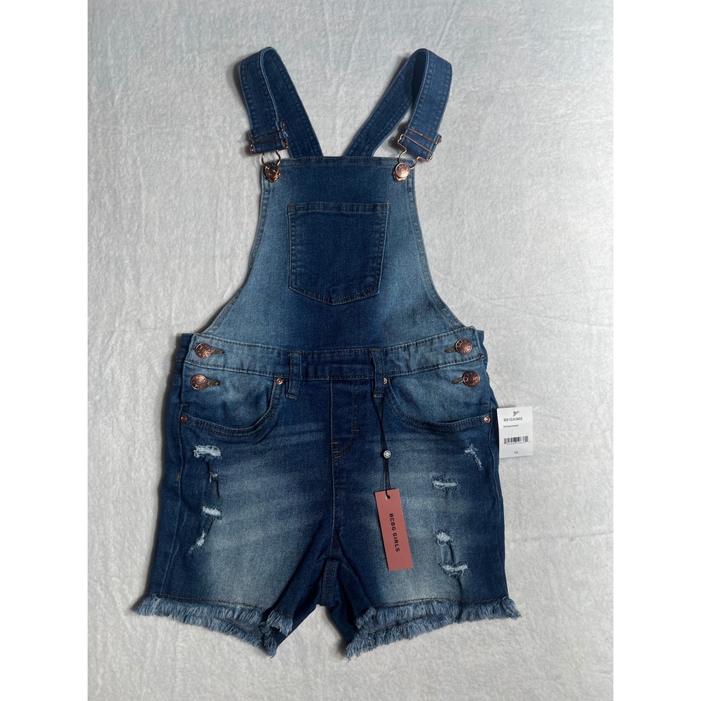 BCBG Girls Distressed Denim Shortalls Medium Wash Rose Gold Hardware Size 10 NWT